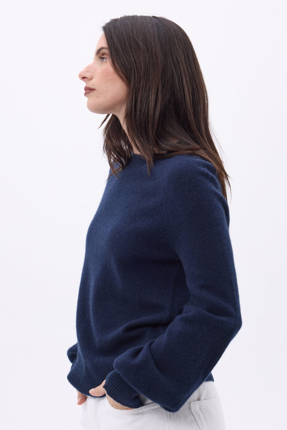 Pull Col Rond Boutons Rib Manche Clip - Bleu Marine - Femme