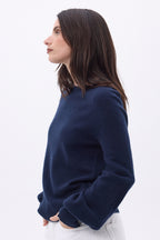 Pull Col Rond Boutons Rib Manche Clip - Bleu Marine - Femme