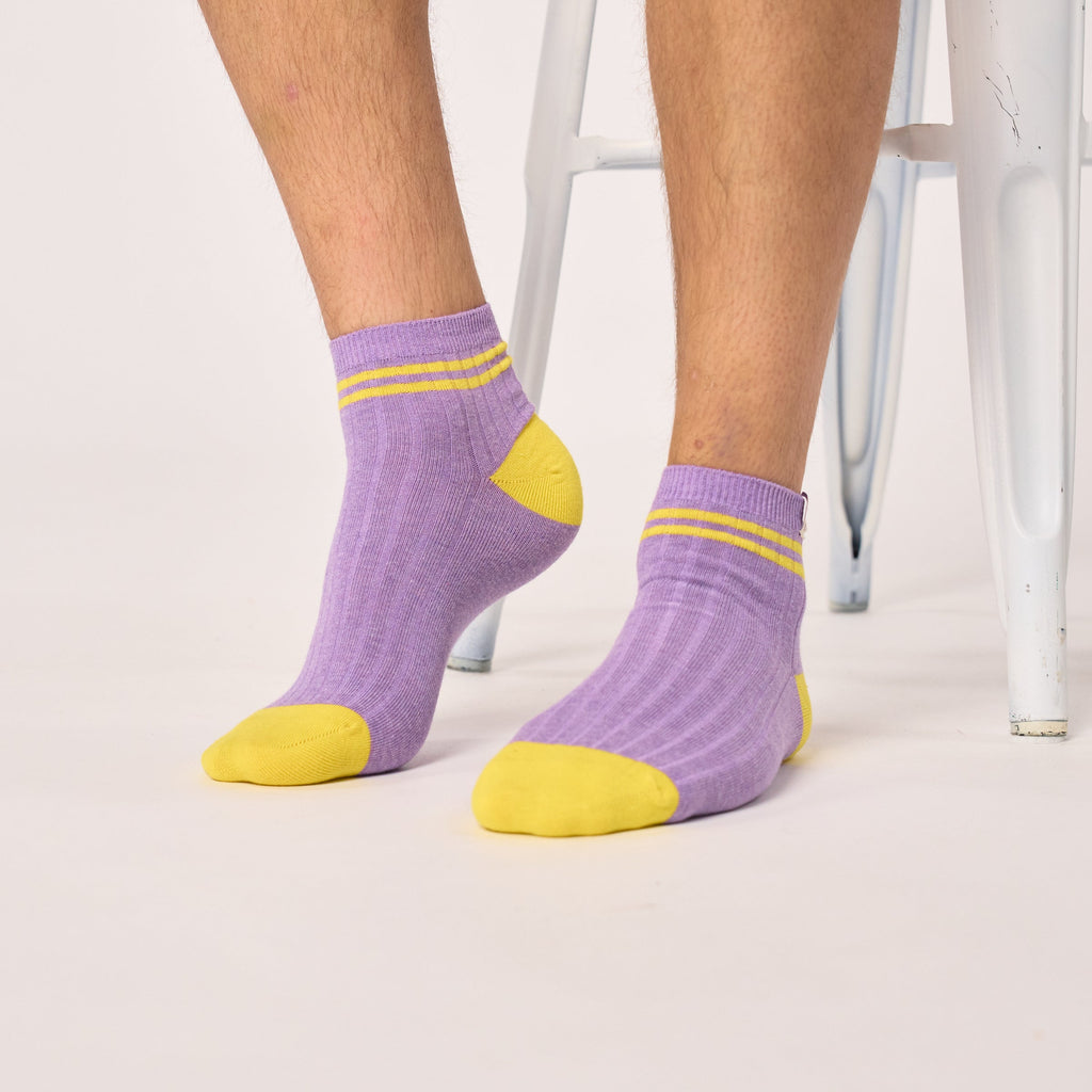 Mid-Calf Combed Cotton Socks - Purple, Yellow Stripes