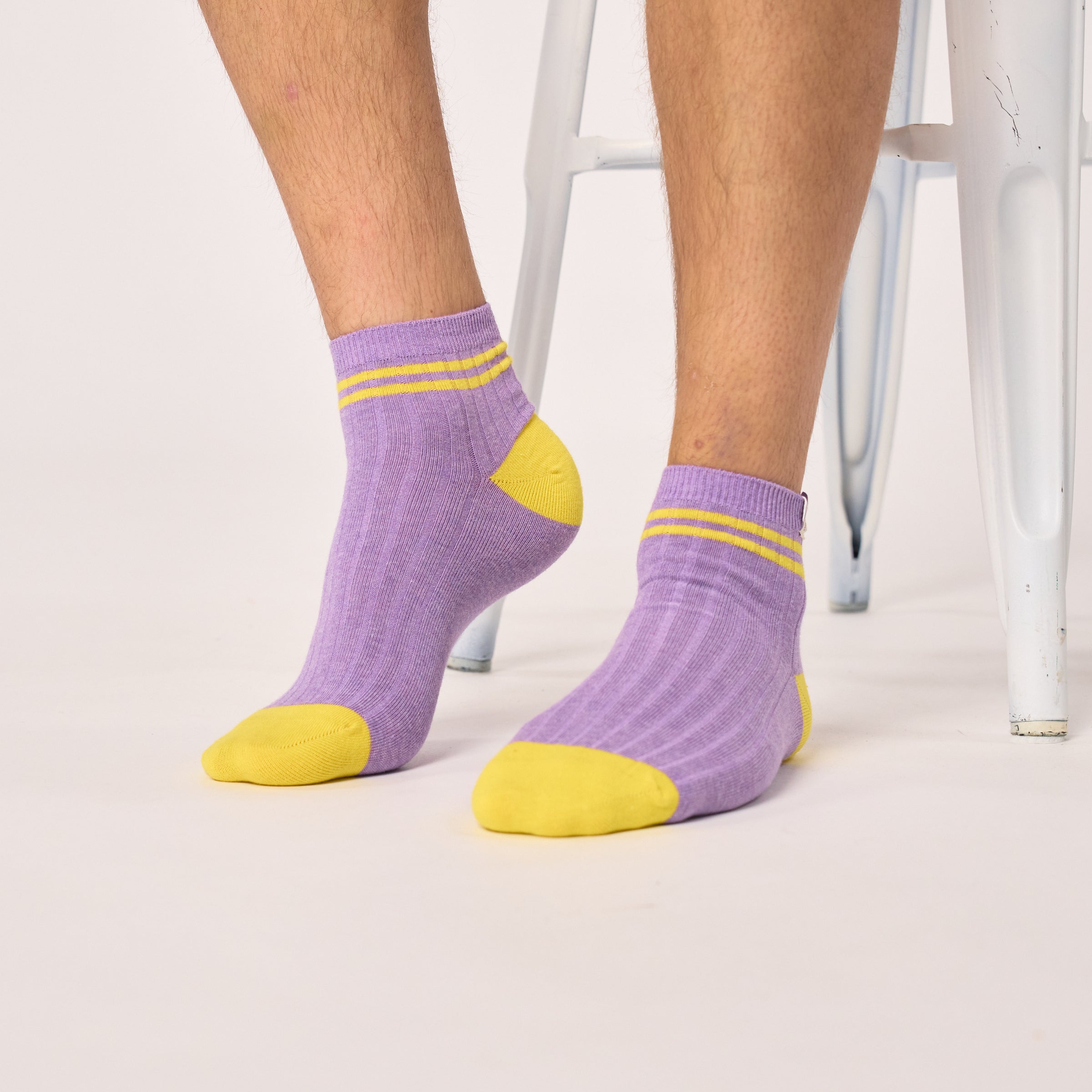 Mid-Calf Combed Cotton Socks - Purple, Yellow Stripes