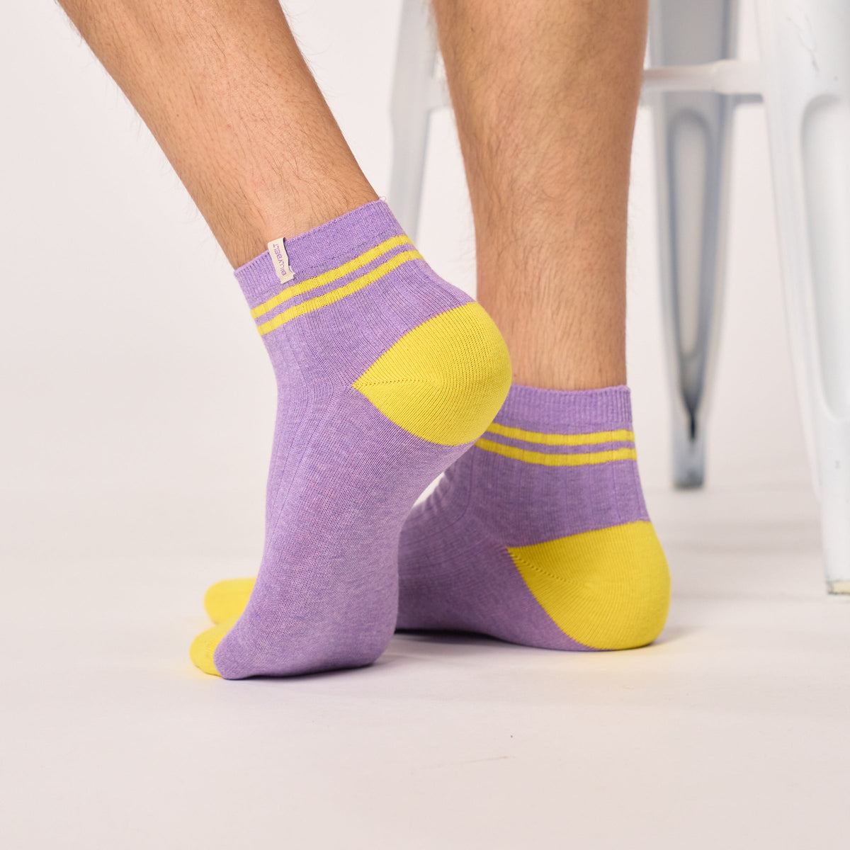 Mid-Calf Combed Cotton Socks - Purple, Yellow Stripes
