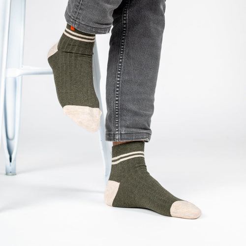 Calcetines altos de algodón peinado - Caqui, Rayas Beige