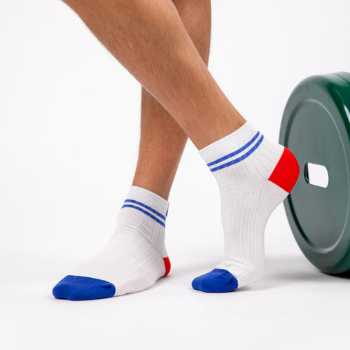 Calcetines de algodón peinado de media altura - Blanco, Raya Azul