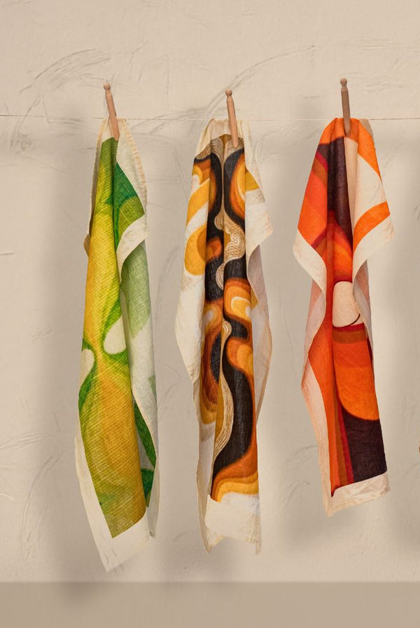 Paño de cocina de lino y algodón con motivos "70s"