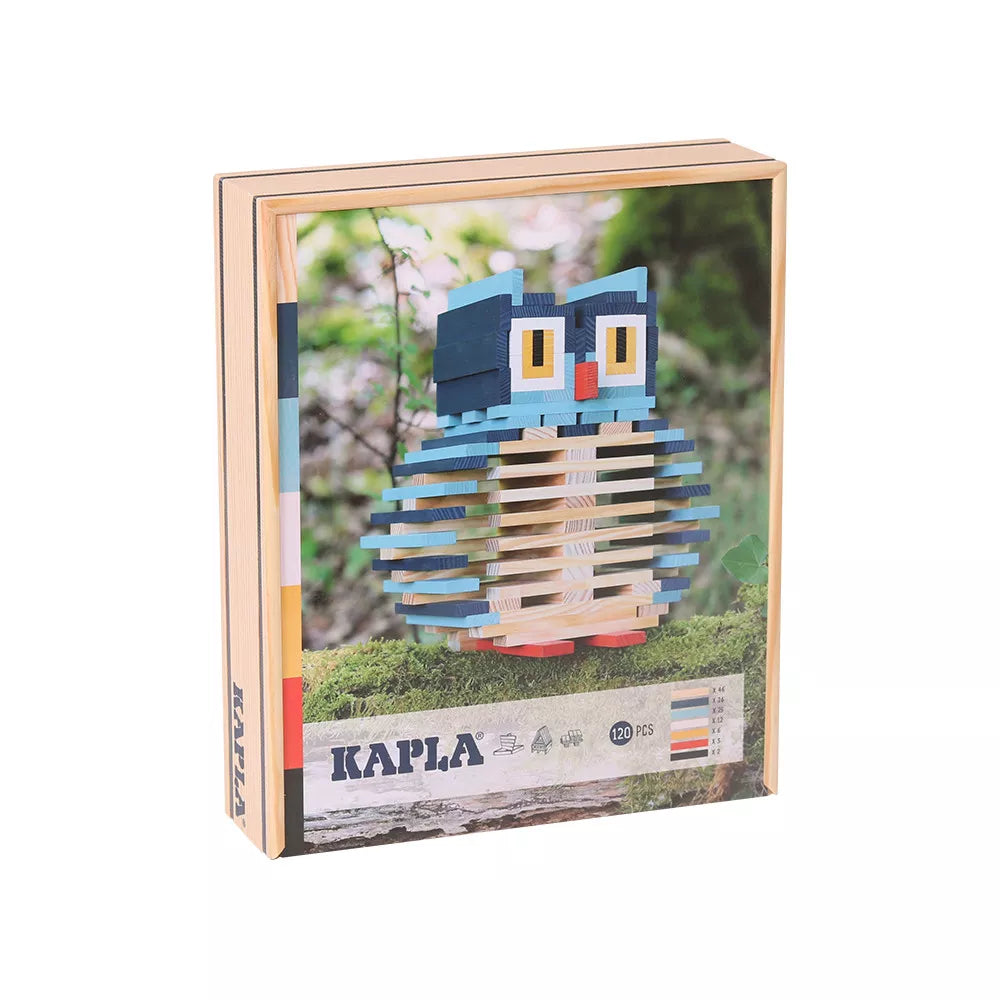Kapla - Confezione Gufo Naturale, Blu Scuro, Celeste, Bianco, Giallo, Arancione, Nero