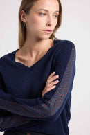 Pull Col V Bandes Lurex Rose Colette - Bleu Marine Lurex Pink