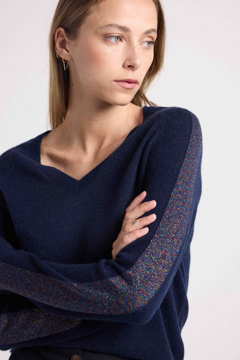 Pull Col V Bandes Lurex Rose Colette - Bleu Marine Lurex Pink