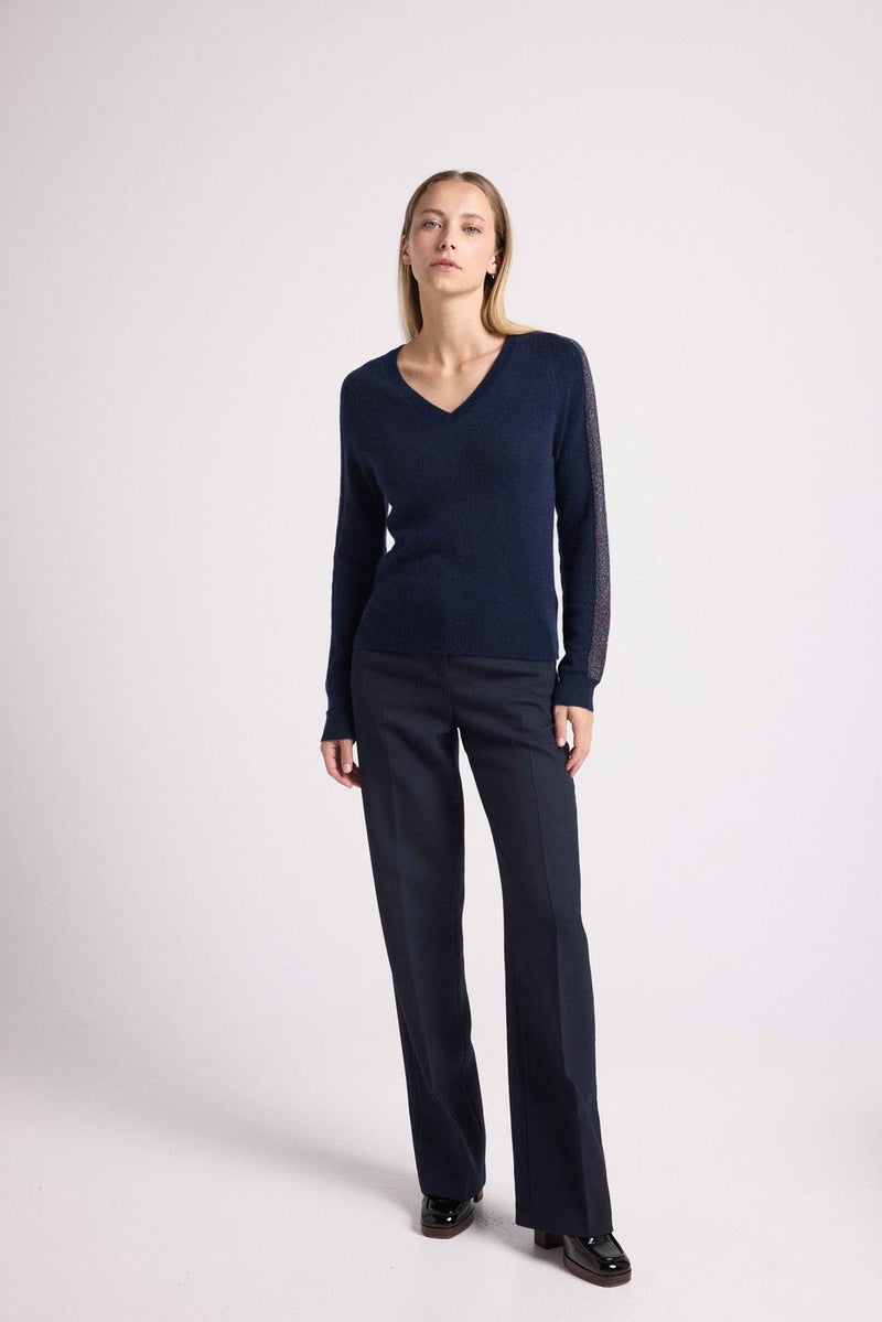 Pull Col V Bandes Lurex Rose Colette - Bleu Marine Lurex Pink