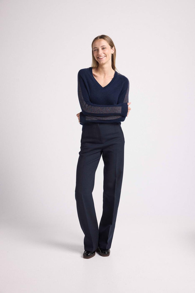 Pull Col V Bandes Lurex Rose Colette - Bleu Marine Lurex Pink