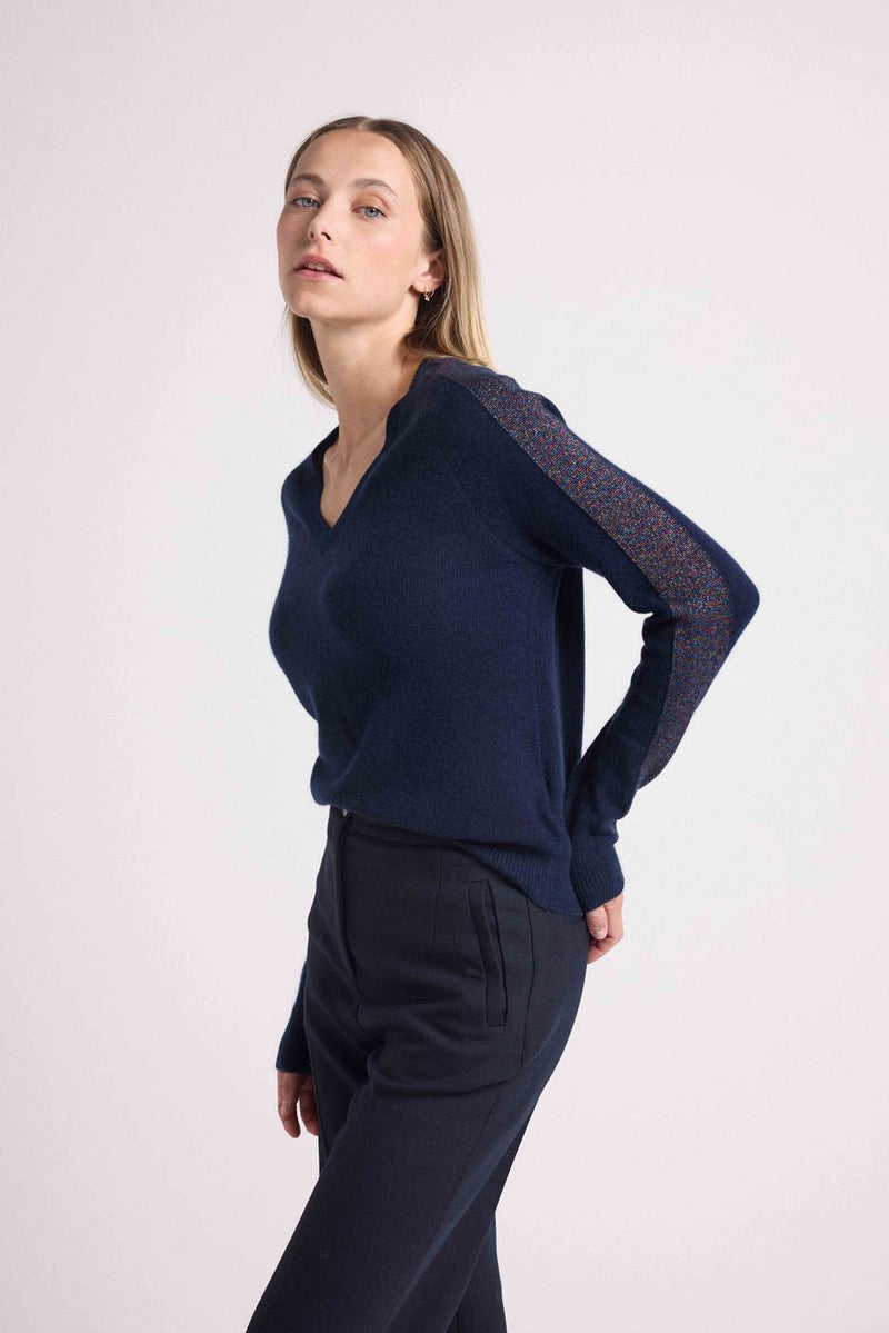 Pull Col V Bandes Lurex Rose Colette - Bleu Marine Lurex Pink
