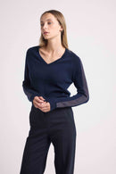 Pull Col V Bandes Lurex Rose Colette - Bleu Marine Lurex Pink