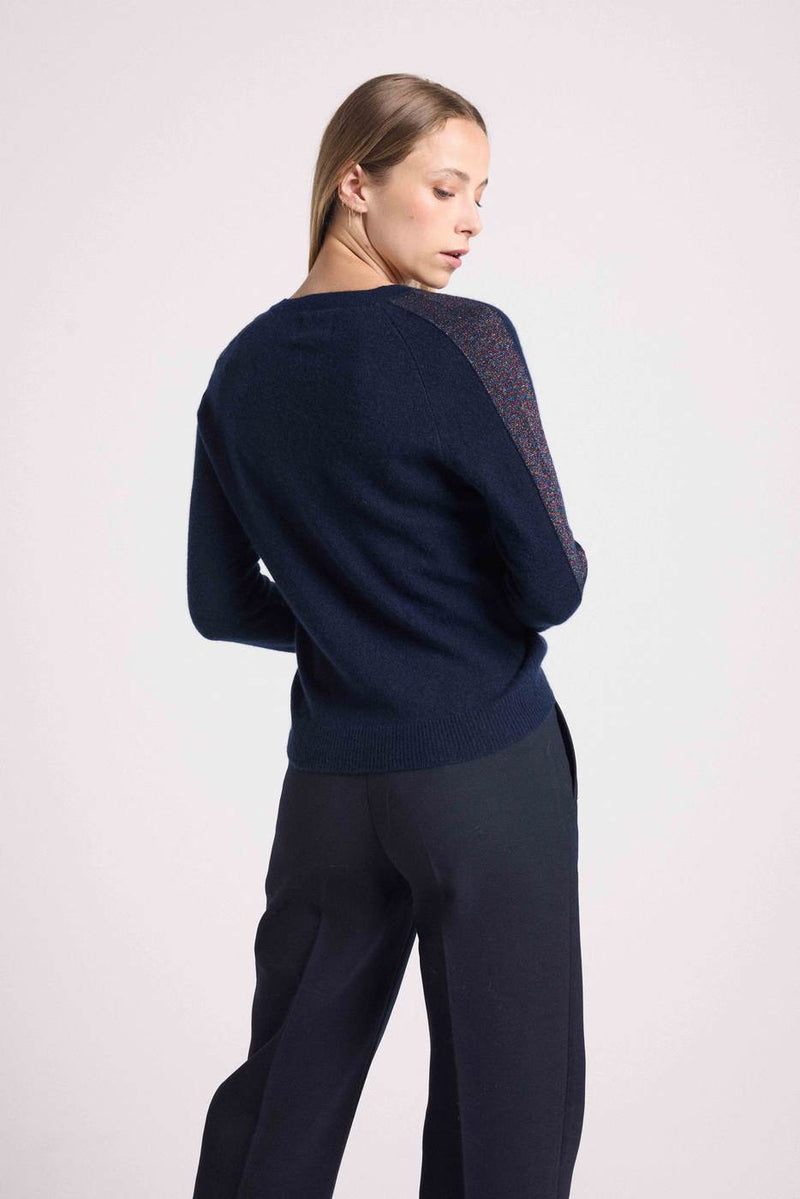 Pull Col V Bandes Lurex Rose Colette - Bleu Marine Lurex Pink