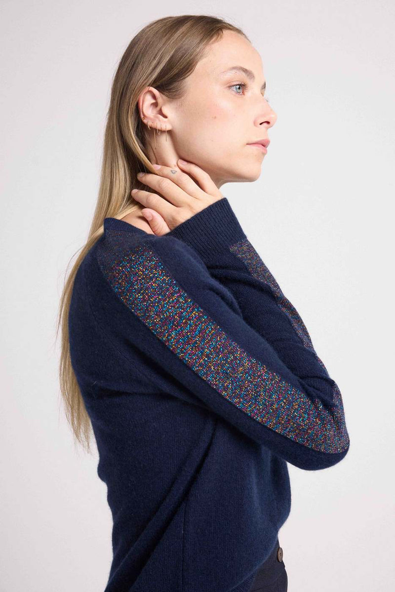 Pull Col V Bandes Lurex Rose Colette - Bleu Marine Lurex Pink