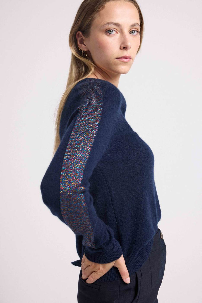 Pull Col V Bandes Lurex Rose Colette - Bleu Marine Lurex Pink