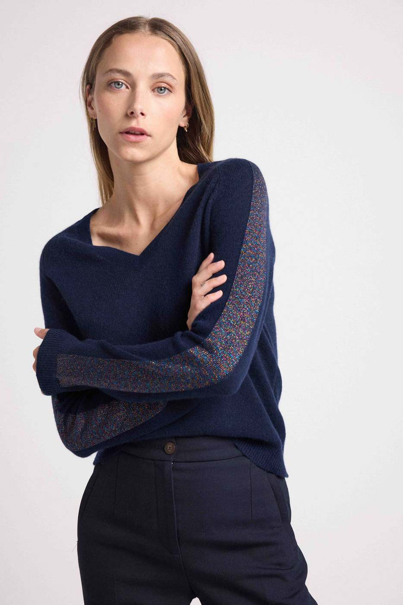 Pull Col V Bandes Lurex Rose Colette - Bleu Marine Lurex Pink