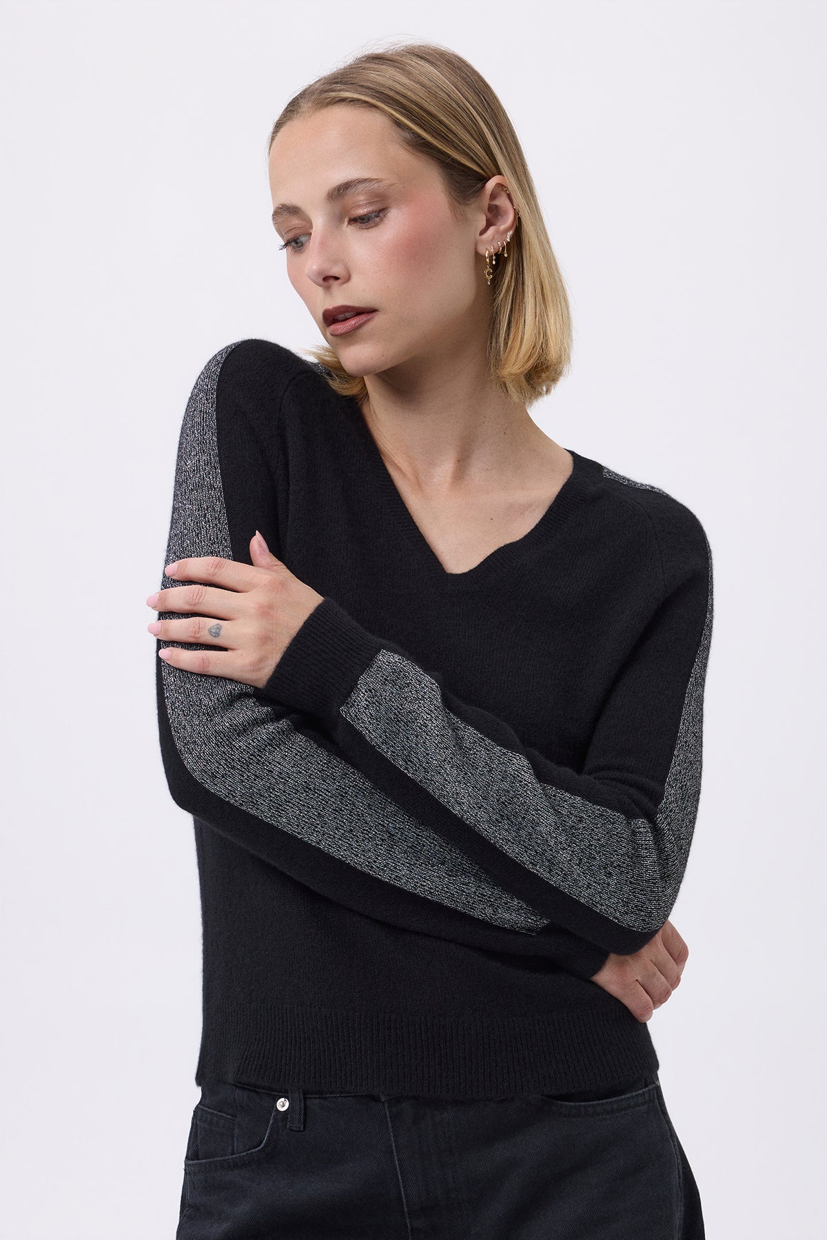Pull Col V Bandes Hommeches F Colette - Noir Argente - Femme