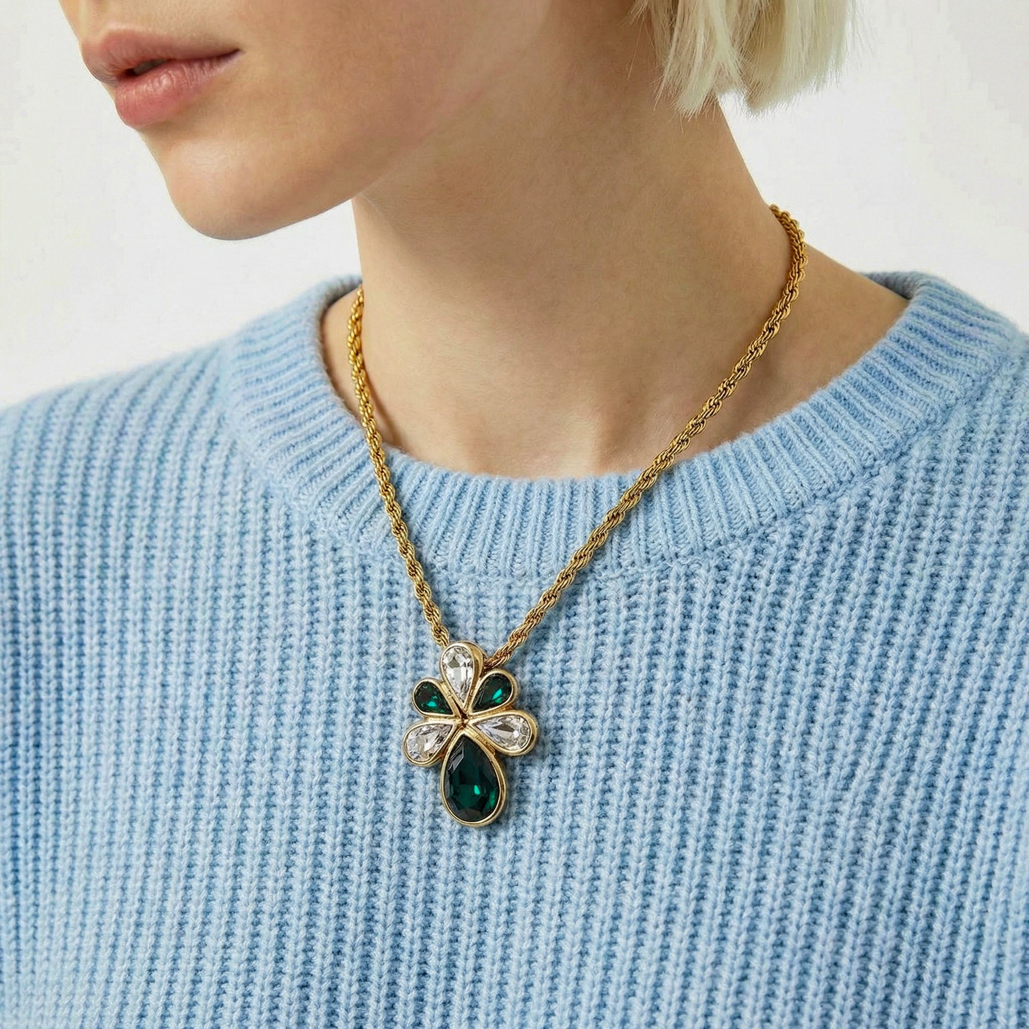 Vintage Yves Saint Laurent Emerald Rhinestone Flower Necklace