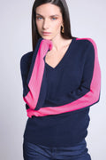 Pull Col V Bande Rose Coline - Bleu Marine Et Rose Fluo - Femme