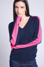 Pull Col V Bande Rose Coline - Bleu Marine Et Rose Fluo - Femme