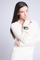 V-Neck Sweater with Lurex Stripes Coline - White and Gold - Women