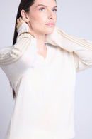 V-Neck Sweater with Lurex Stripes Coline - White and Gold - Women