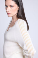 V-Neck Sweater with Lurex Stripes Coline - White and Gold - Women