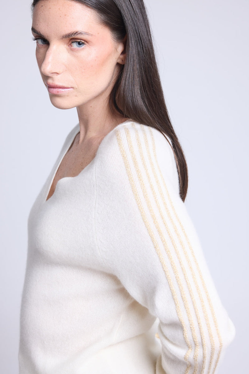 V-Neck Sweater with Lurex Stripes Coline - White and Gold - Women