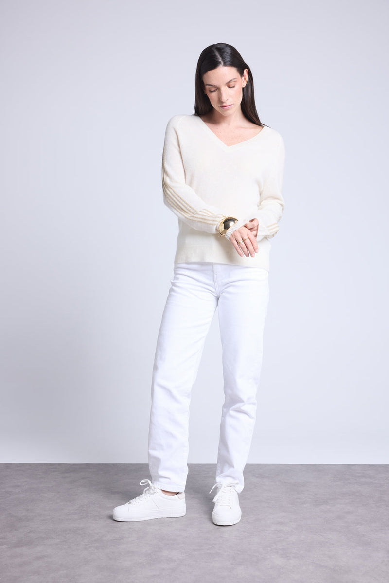 V-Neck Sweater with Lurex Stripes Coline - White and Gold - Women