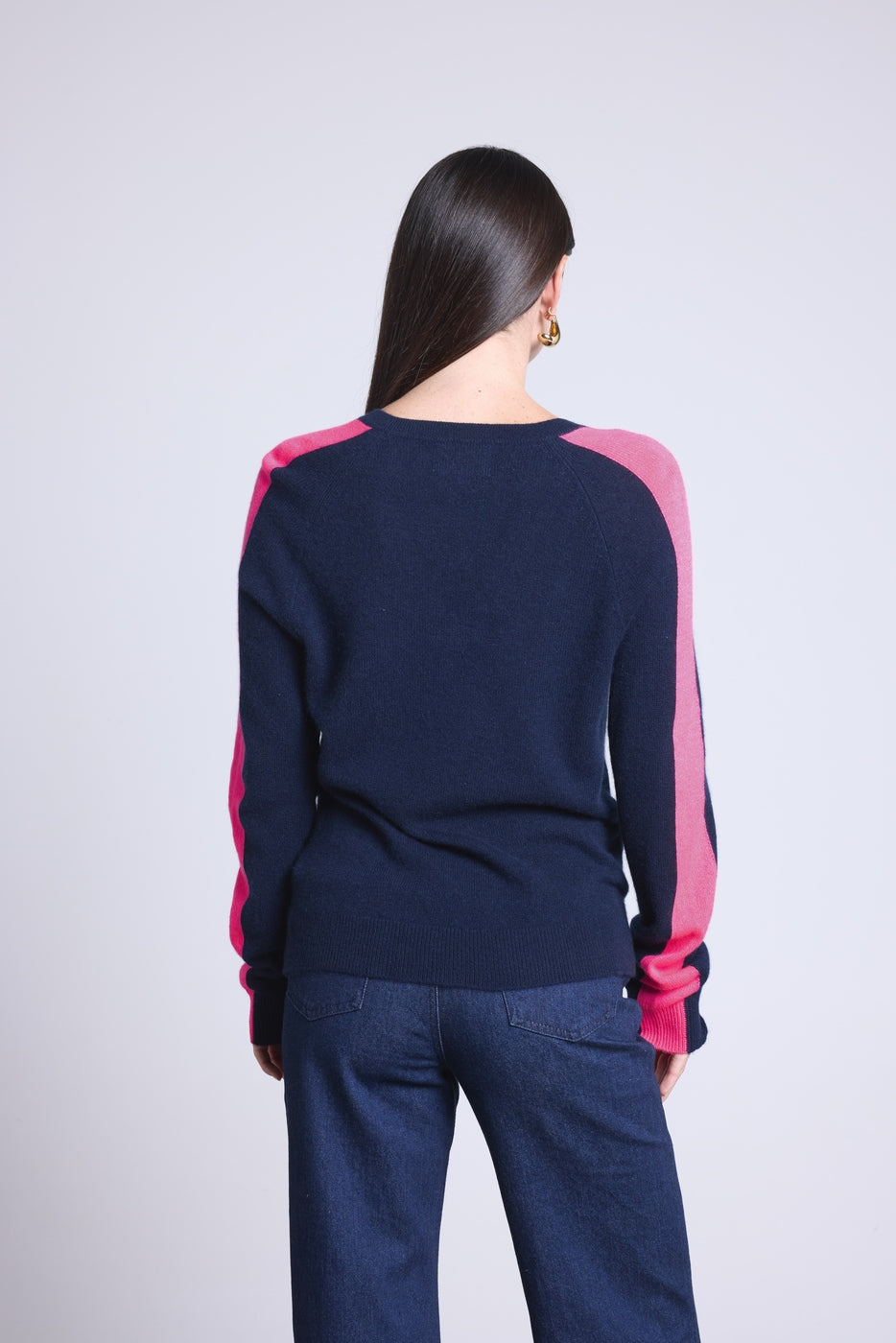 Pull Col V Bande Rose Coline - Bleu Marine Et Rose Fluo - Femme