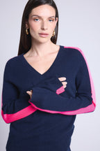 Pull Col V Bande Rose Coline - Bleu Marine Et Rose Fluo - Femme