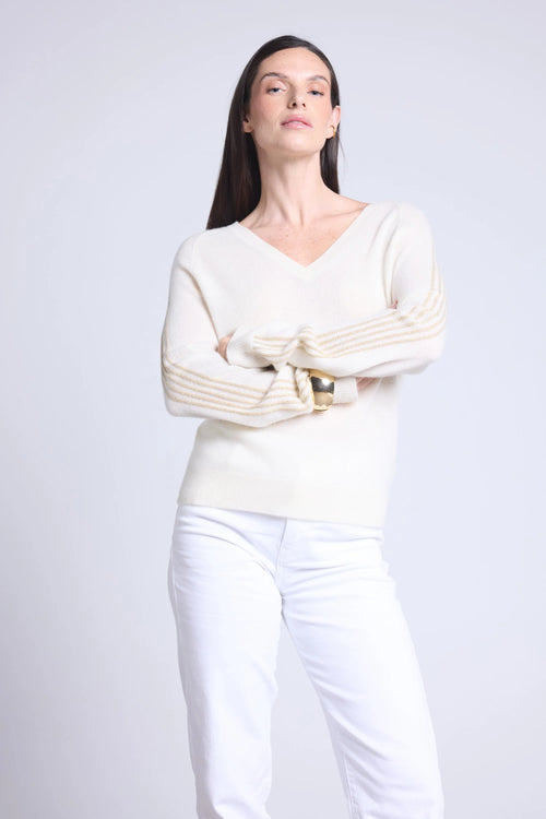 Pull Col V Bandes Lurex  Coline - Blanc Et Dore - Femme