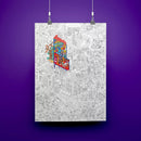 Poster géant Magic College d’OMY accroché au mur d’une chambre d’enfant, affichant des illustrations colorées d’un collège fantastique à colorier.