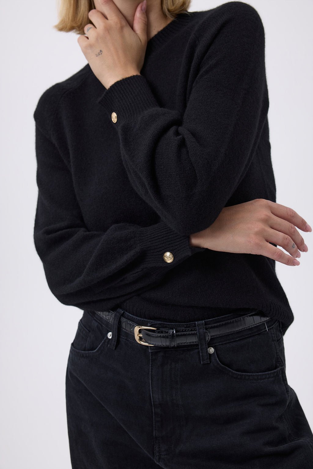 Pull Col Rond Boutons Rib Hommeche F Como - Noir - Femme