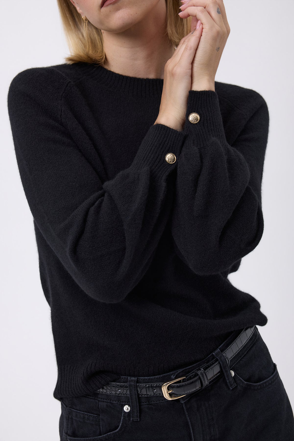Pull Col Rond Boutons Rib Hommeche F Como - Noir - Femme