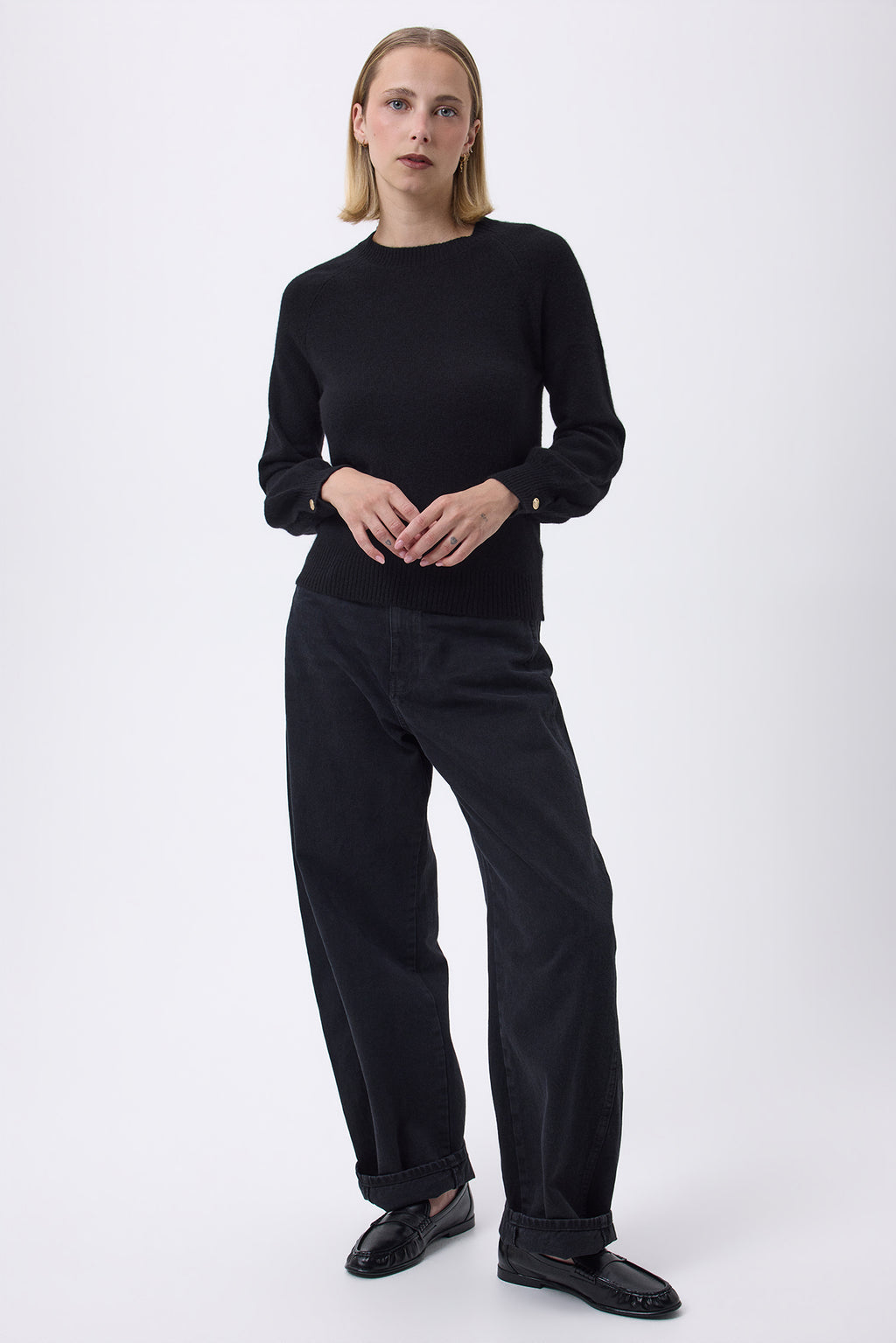 Pull Col Rond Boutons Rib Hommeche F Como - Noir - Femme