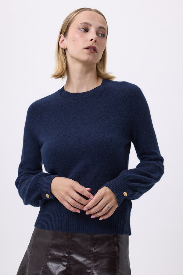 Pull Col Rond Boutons Rib Hommeche Como - Bleu Marine - Femme