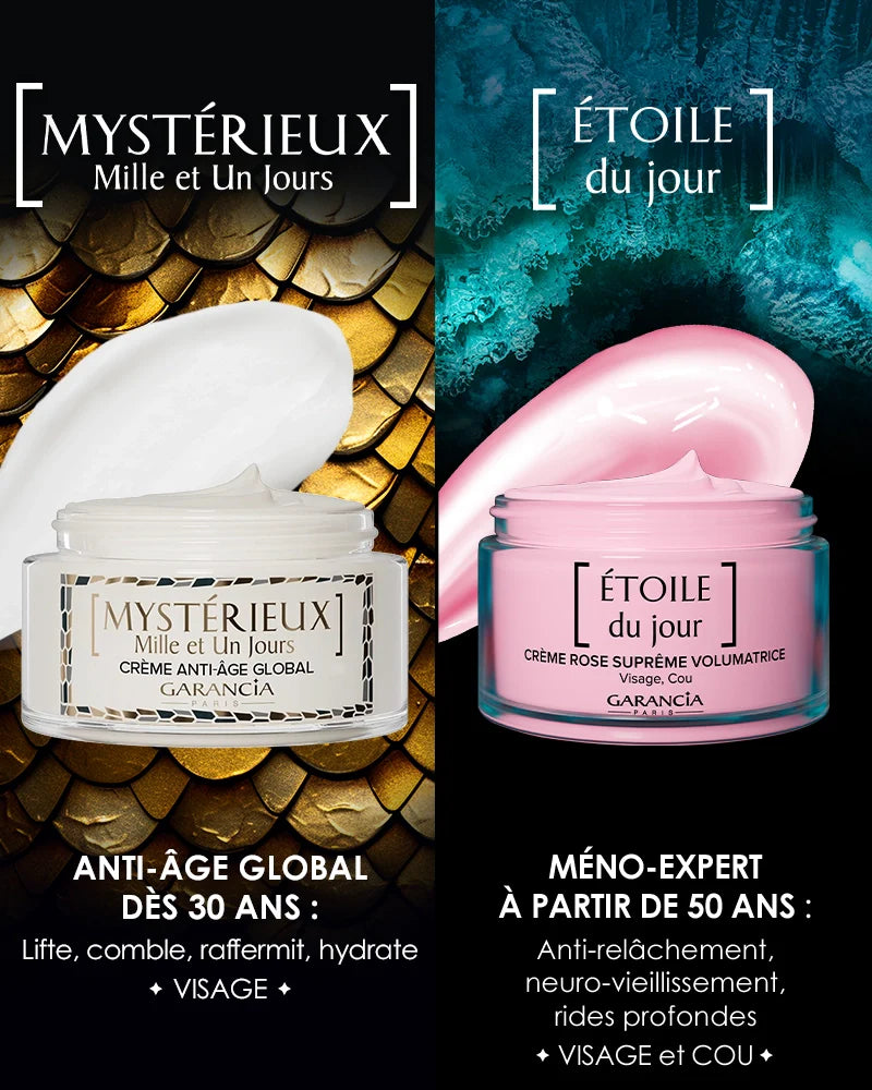 Difference between Mystérieux global anti-aging cream and Garancia Étoile du jour pink volumizing cream