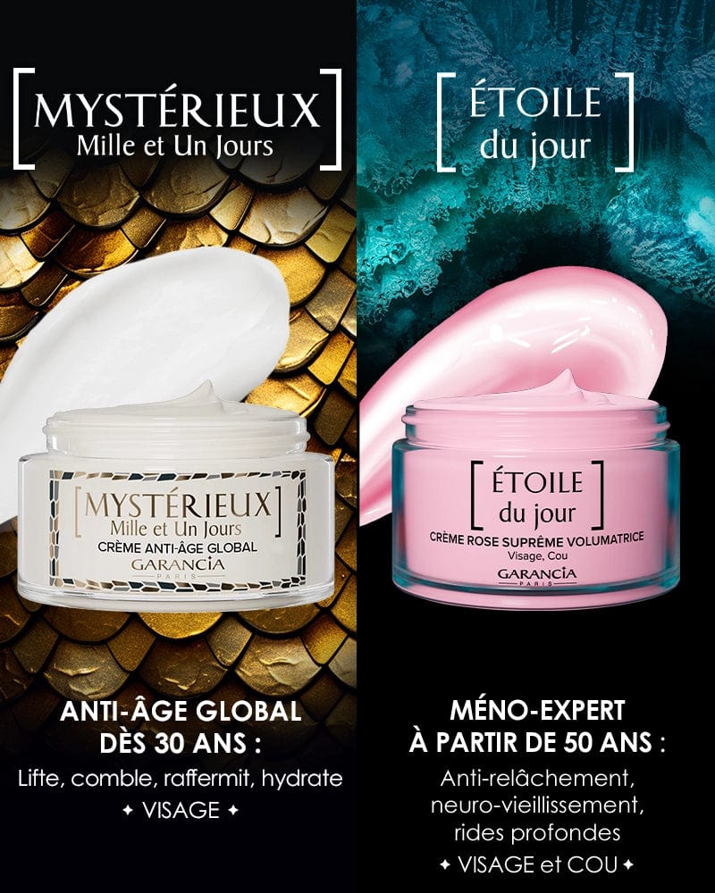 Laboratoire Garancia Anti-Âge & Anti-Rides [ MYSTÉRIEUX Mille et Un Jours ] Choix du soin anti-âge Garancia : Mystérieux Mille et Un Jours dès 30 ans (Global) ou Étoile du Jour dès 50 ans (Méno-Expert)