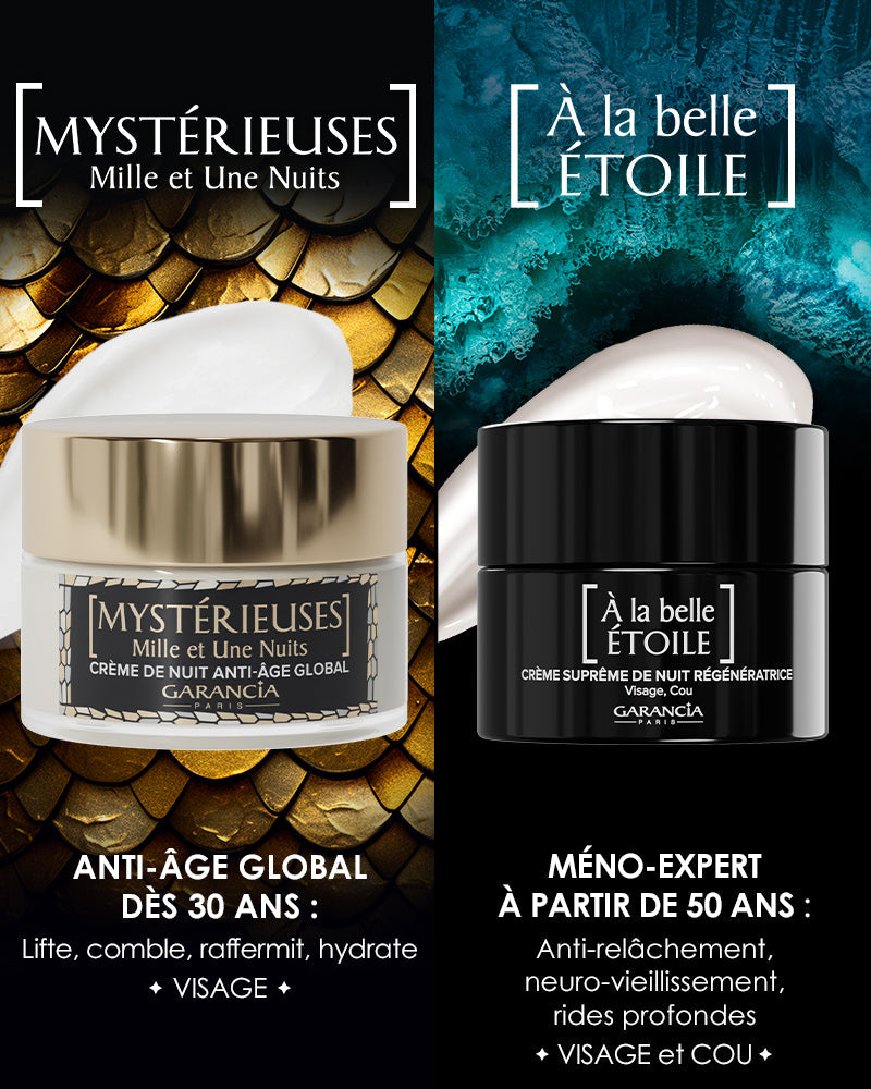Comparatif crèmes de nuit Garancia : Anti-âge global Mystérieuses dès 30 ans vs Soin Méno-Expert À la belle Étoile dès 50 ans