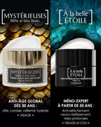 Comparatif crèmes de nuit Garancia : Anti-âge global Mystérieuses dès 30 ans vs Soin Méno-Expert À la belle Étoile dès 50 ans