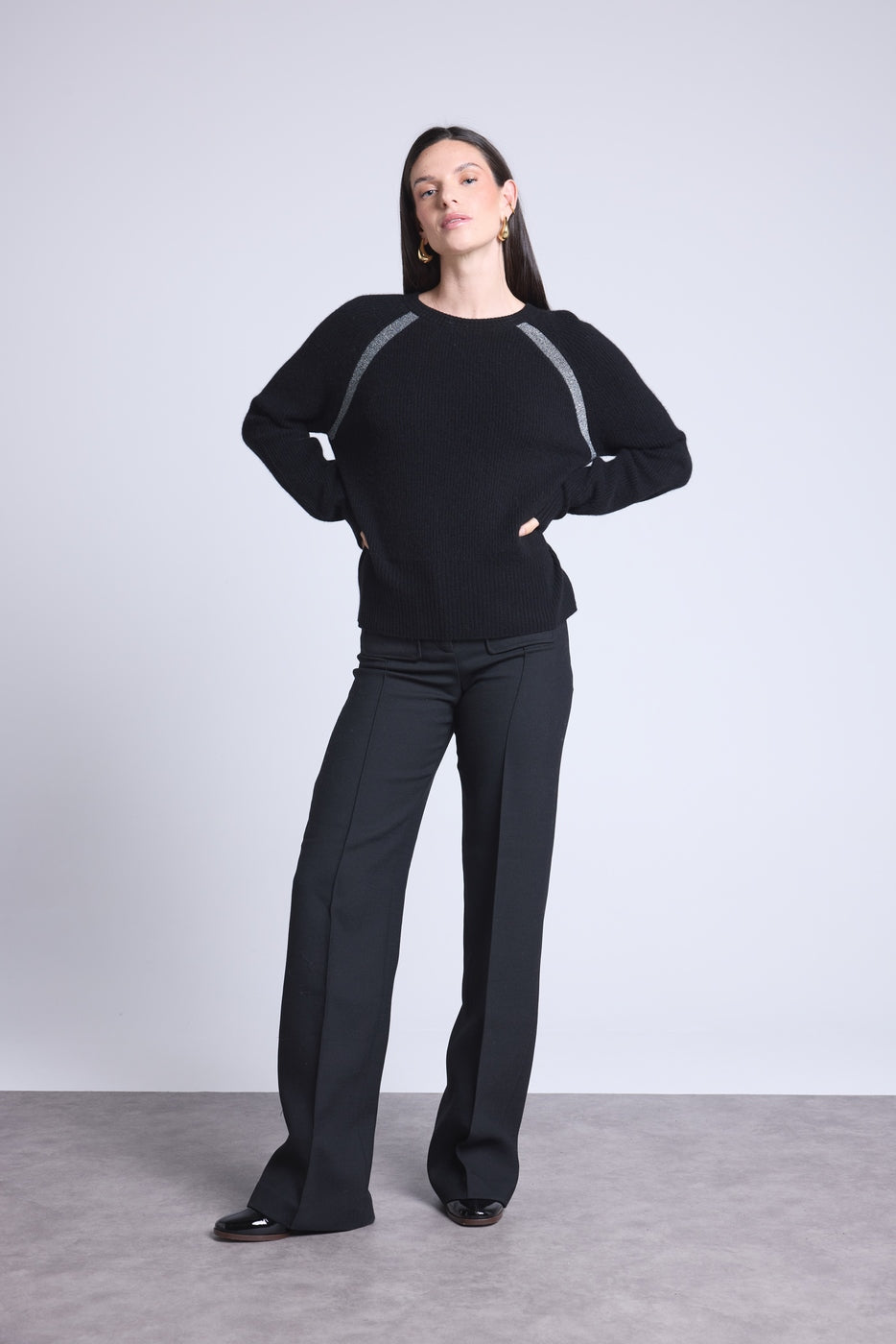 Jersey raglán de lúrex Coralie - Negro y lúrex plateado - Mujer
