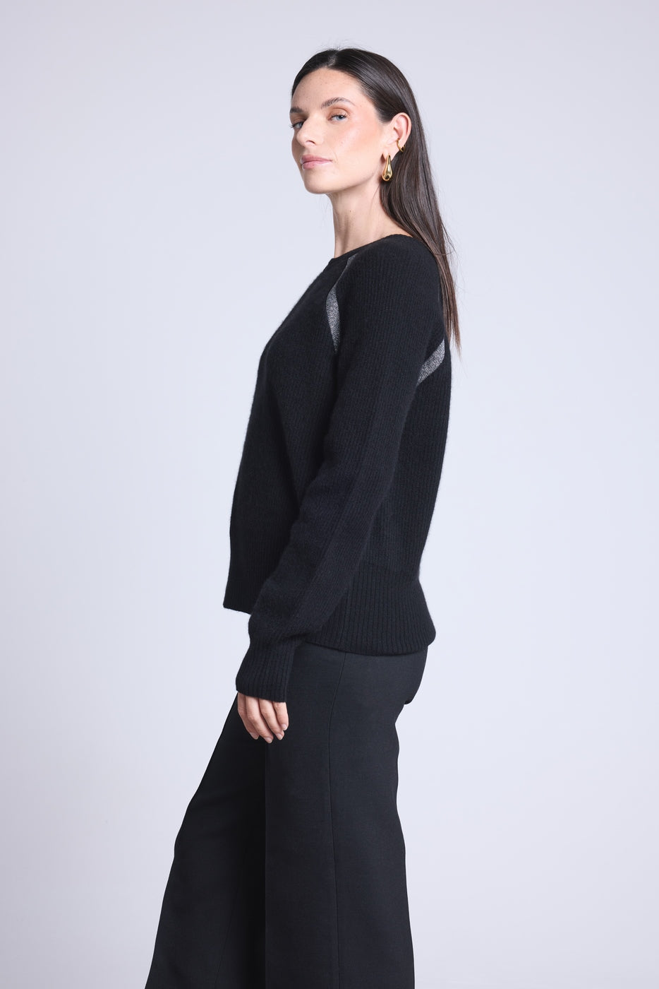 Jersey raglán de lúrex Coralie - Negro y lúrex plateado - Mujer