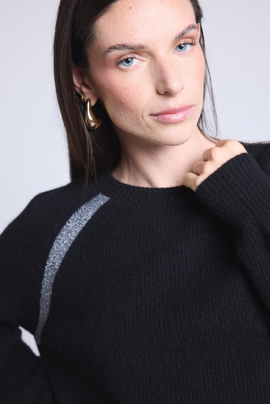 Jersey raglán de lúrex Coralie - Negro y lúrex plateado - Mujer