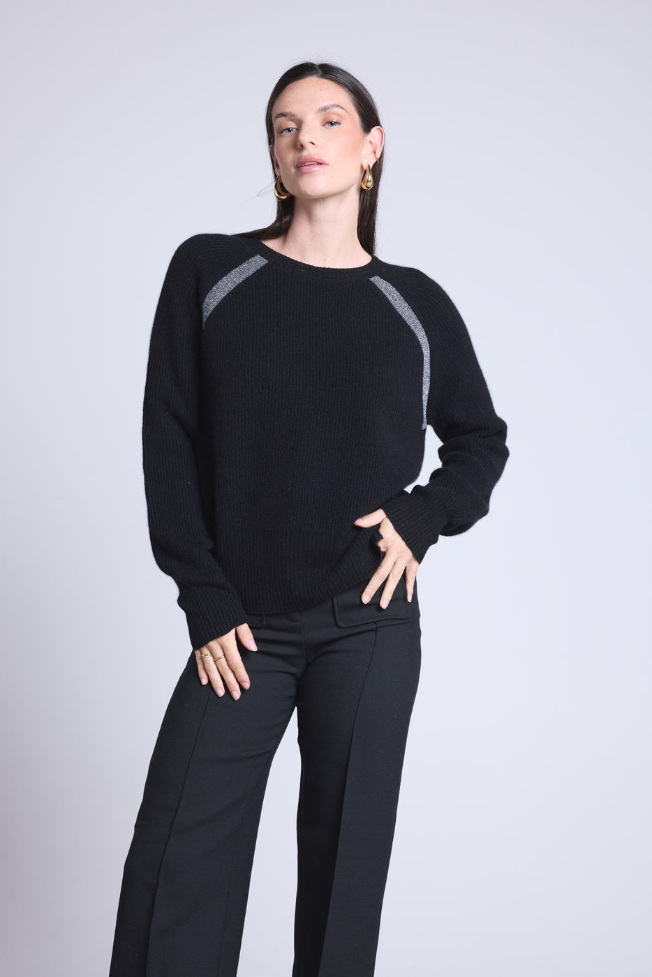 Jersey raglán de lúrex Coralie - Negro y lúrex plateado - Mujer