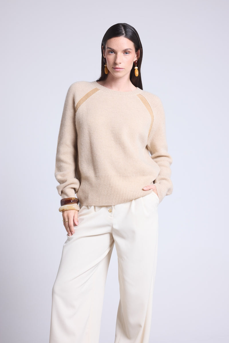 Pull Raglan Lurex Coralie - Beige Creme Et Lurex Dore - Femme