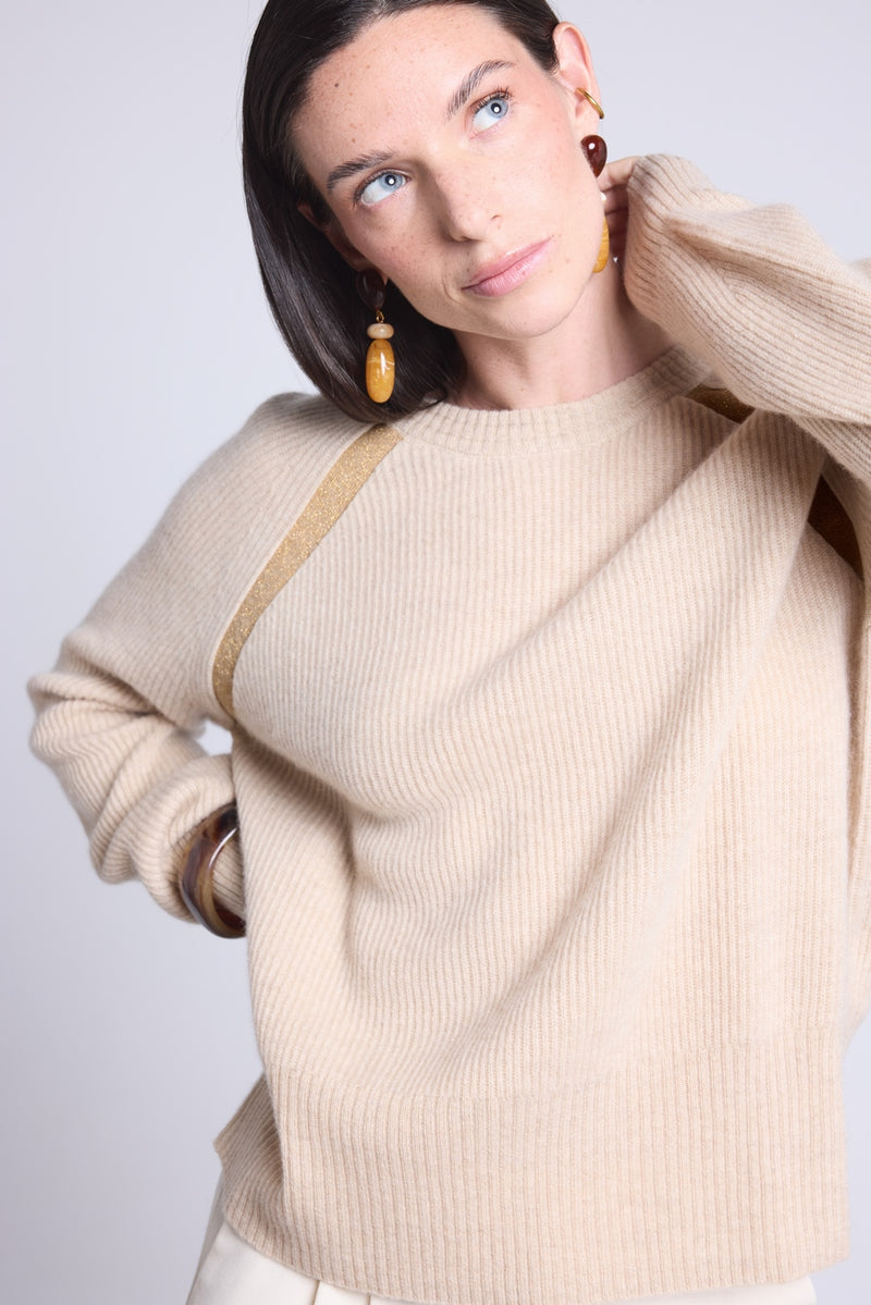 Pull Raglan Lurex Coralie - Beige Creme Et Lurex Dore - Femme