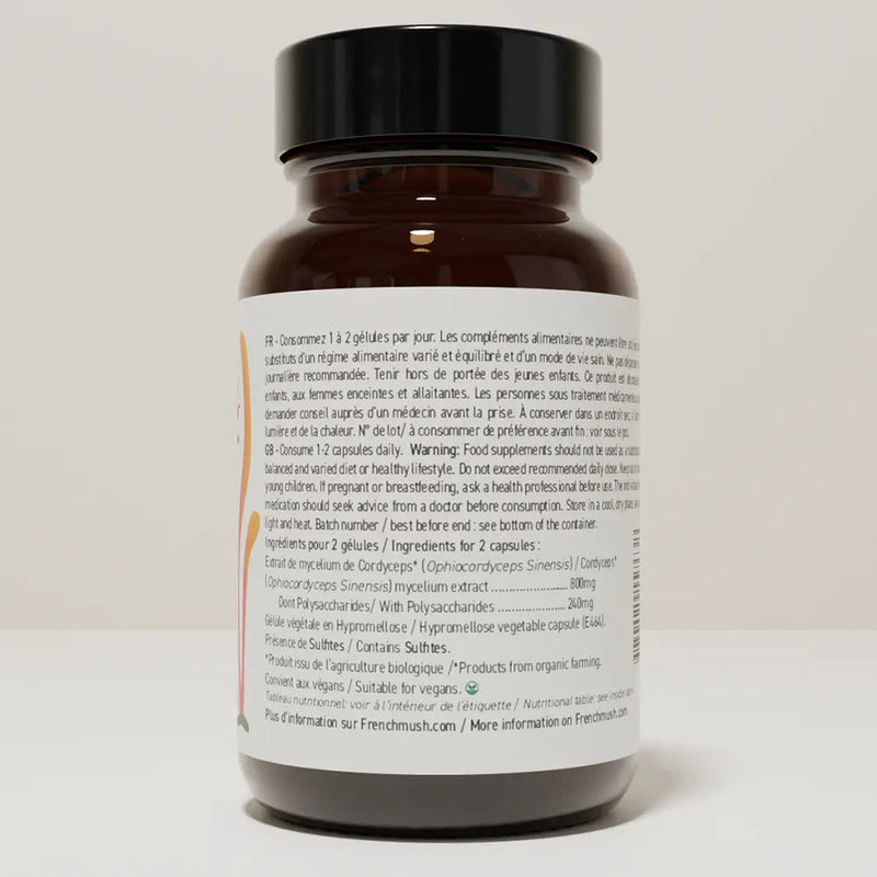 French Mush compléments alimentaires à base d'extraits de champignons médicinaux biologiques fabriqués en France Le Cordyceps Bio - gélules -