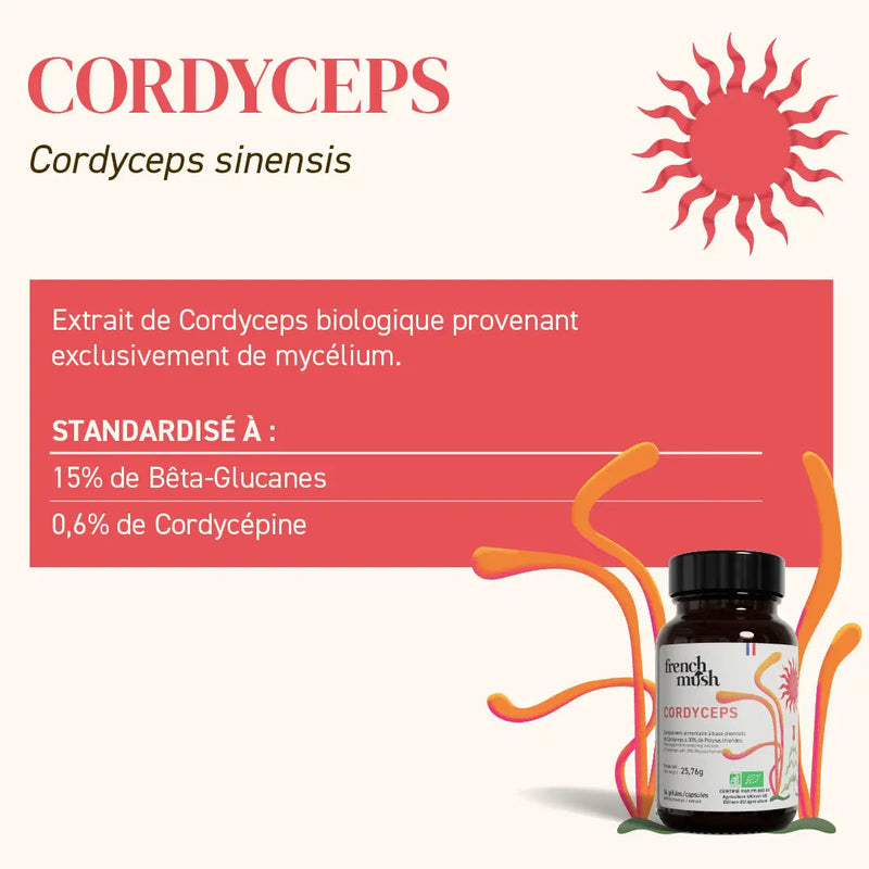 French Mush compléments alimentaires à base d'extraits de champignons médicinaux biologiques fabriqués en France Le Cordyceps Bio - gélules -