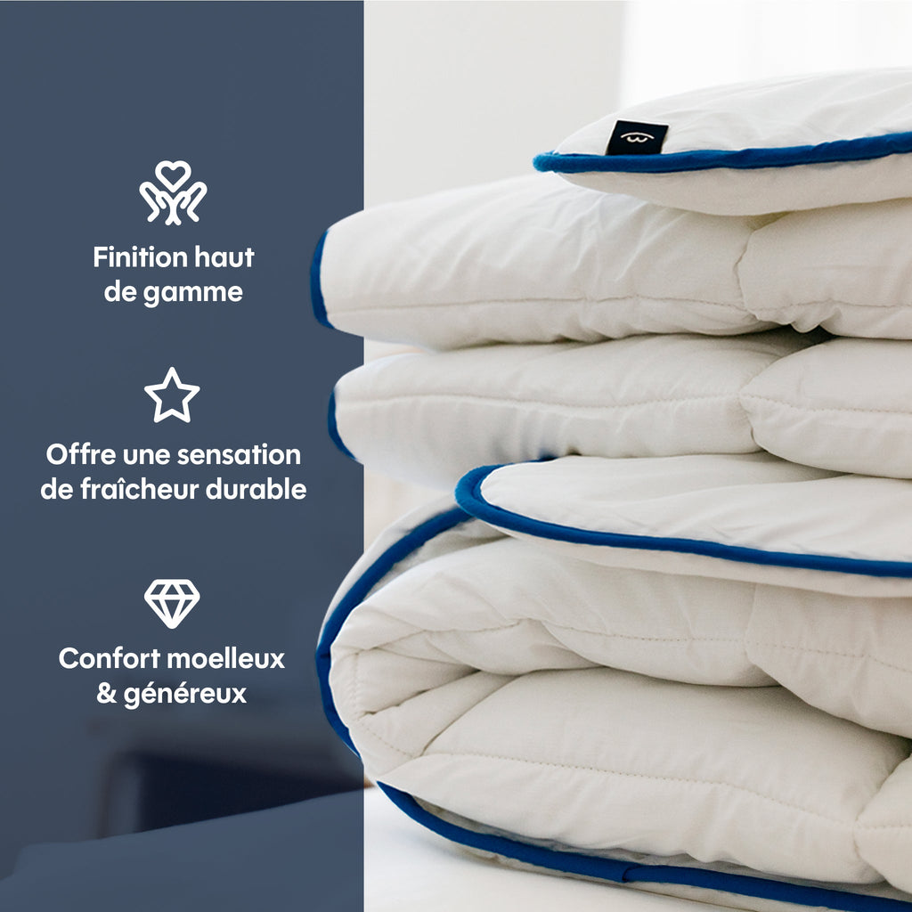 Couette légère temperée 100% fibres creuses siliconnées, enveloppe coton