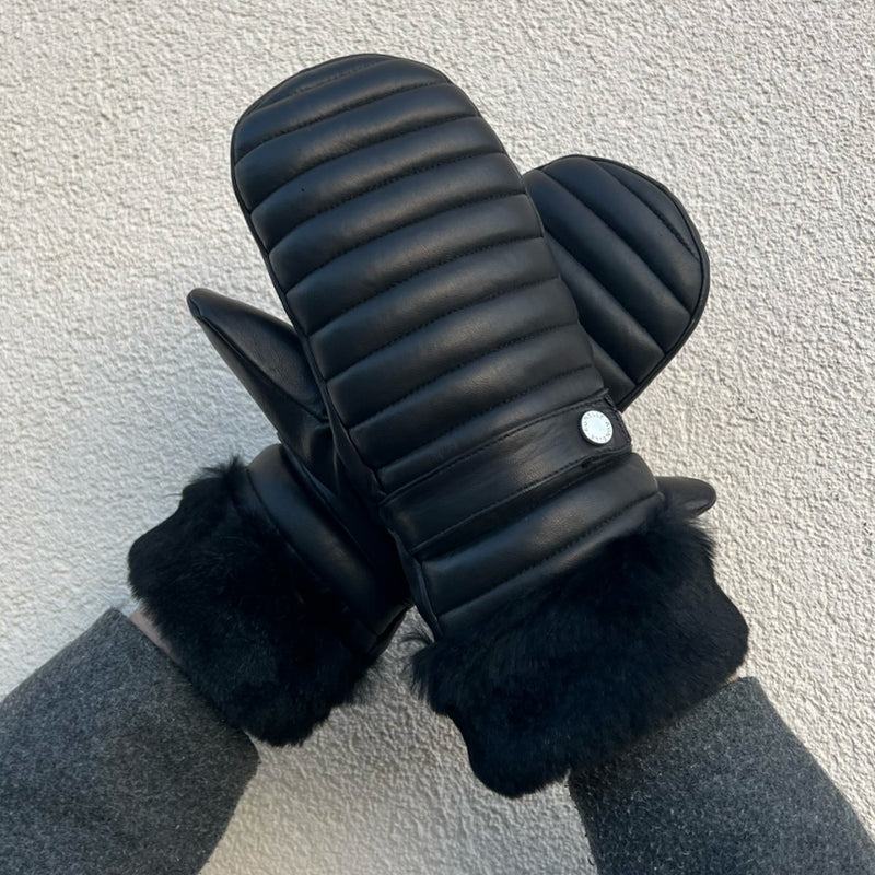 Mouffles Courchevel Cuir Doublés Lapin - Noir - Femme